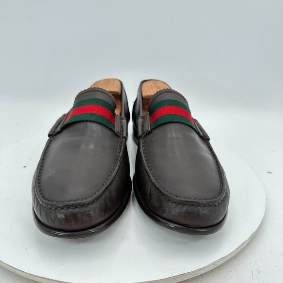 xGucci Men Sz UK 7 US 7.5  Black Leather Green Red Slip On Loafer Dress Shoes - Picture 3 of 13